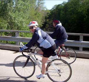 Photo: State Senator Teresa Fedor and Dan Taylor (both of Toledo) cross the Olentangy River near Waldo. 